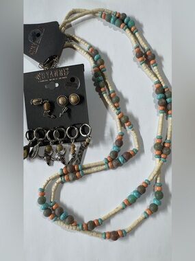 Earrings/ Boho Multicolor Beaded Necklace with Turquoise, Coral & Cream -